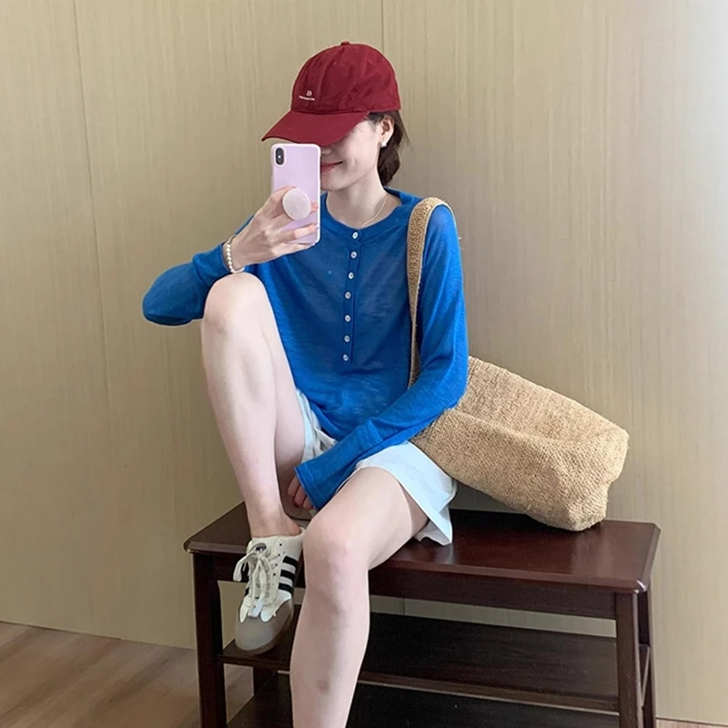 克莱因蓝薄纱防晒空调罩衫女夏薄款半开扣冰丝长袖t恤上衣小个子
