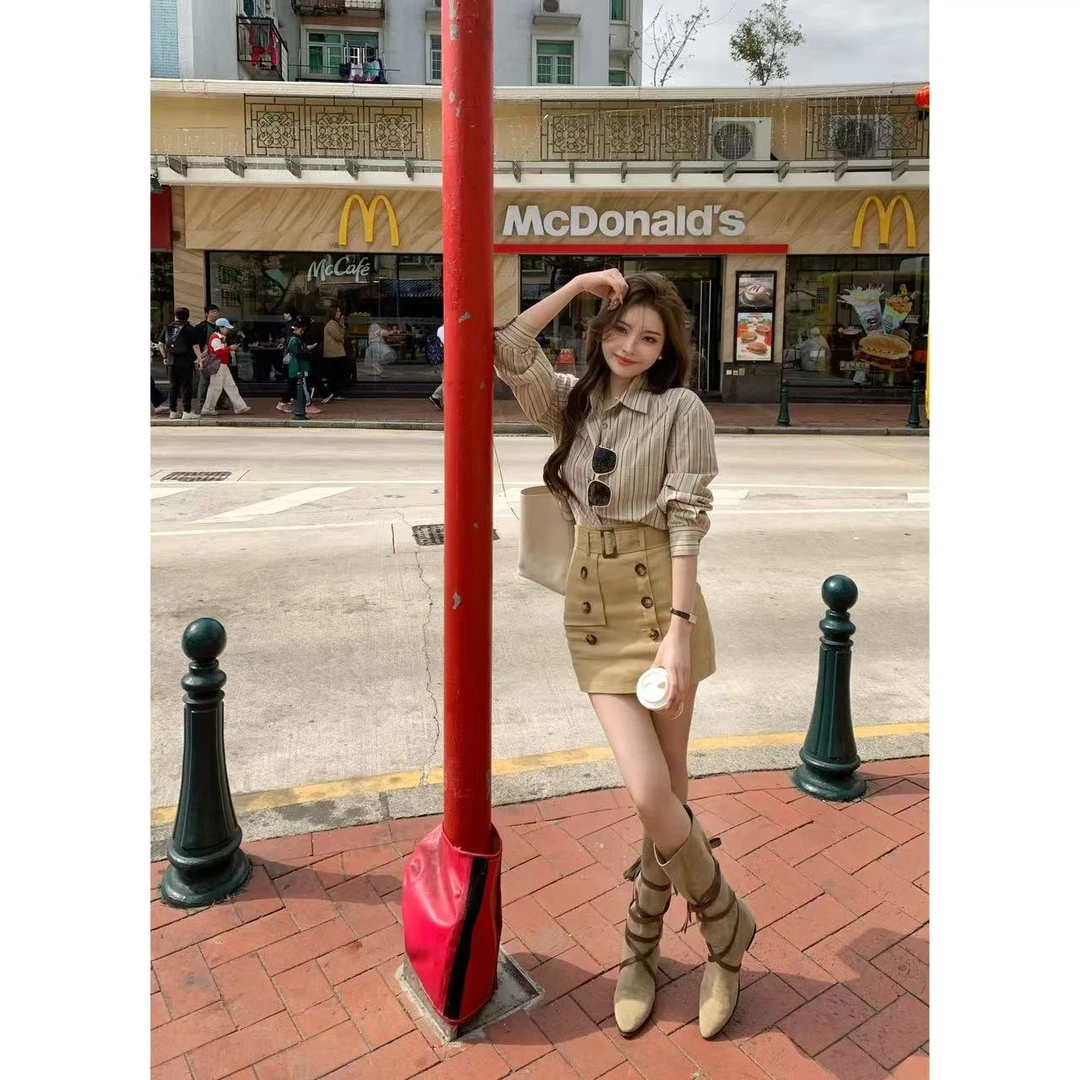 SZA【春日美纪】春季新款复古条纹polo衬衫高腰短裙套装A-1475