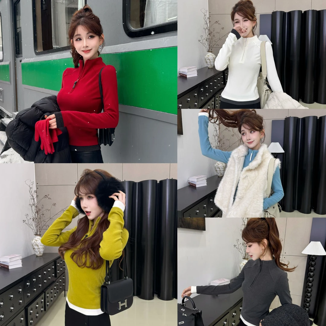 【小蛮腰37°】德绒暖T！显瘦正肩半拉链撞色上衣时尚修身韩版休闲