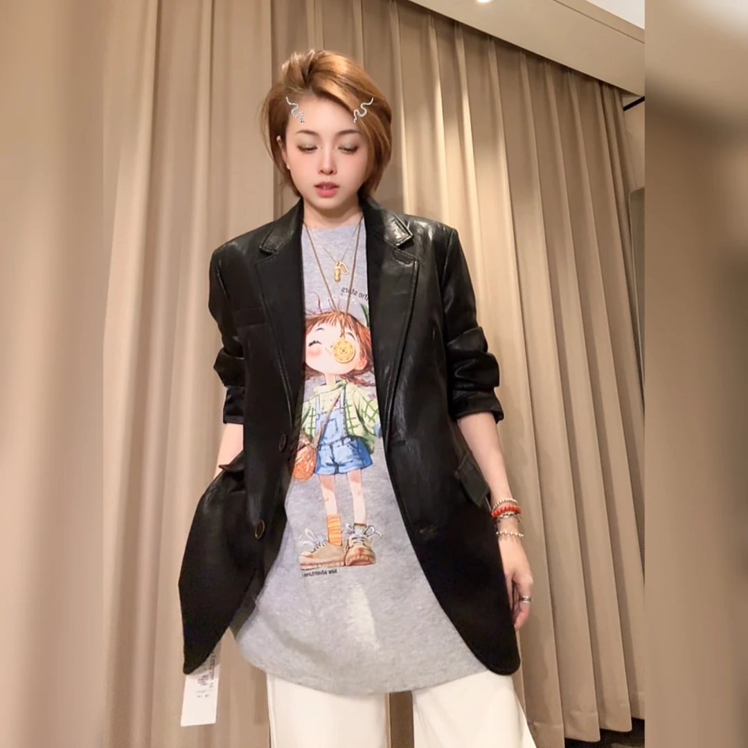 2502韩版帅气宽松水洗皮西服外套