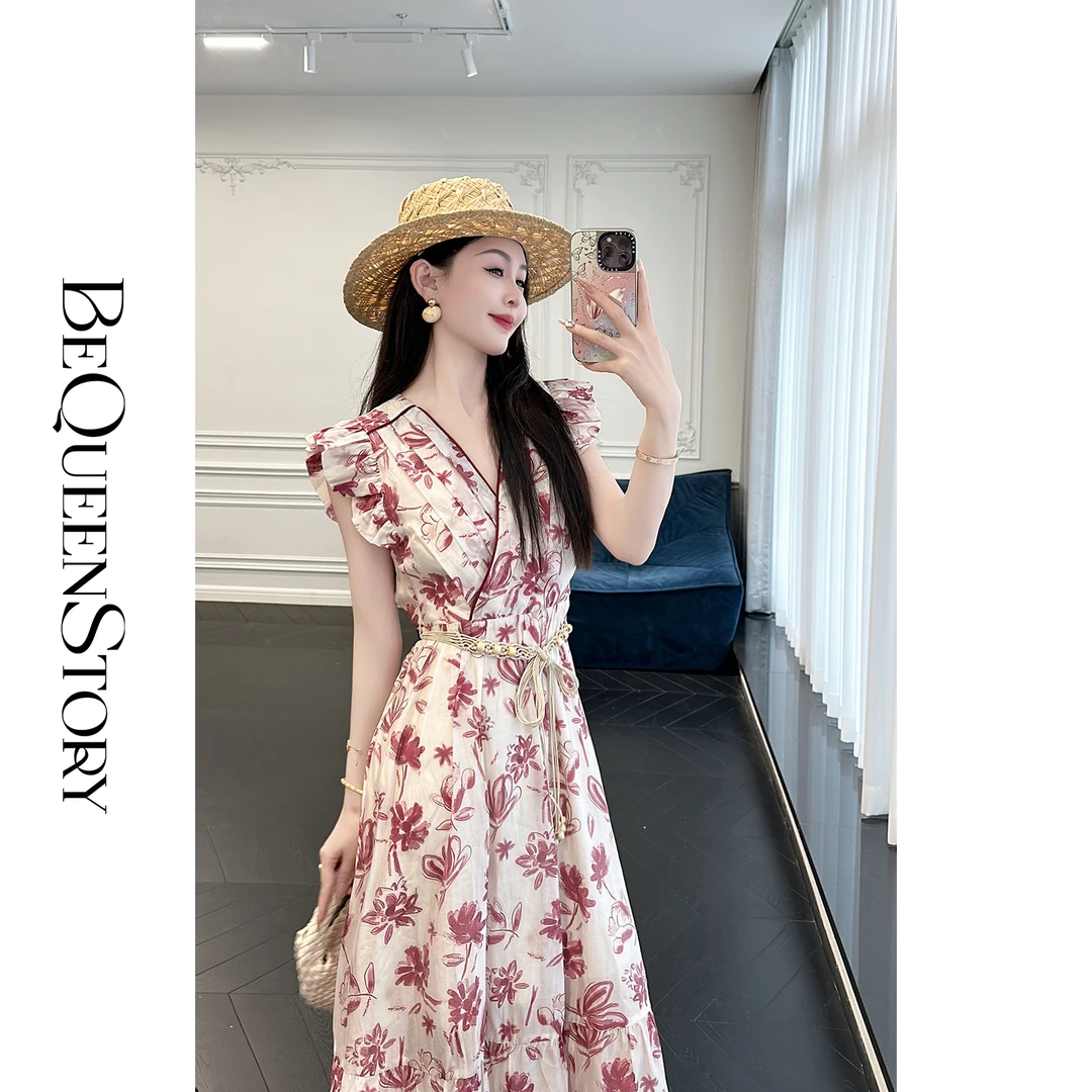 余潇潇【卡罗拉花海】设计感捏褶小飞袖时尚V领收腰连衣裙