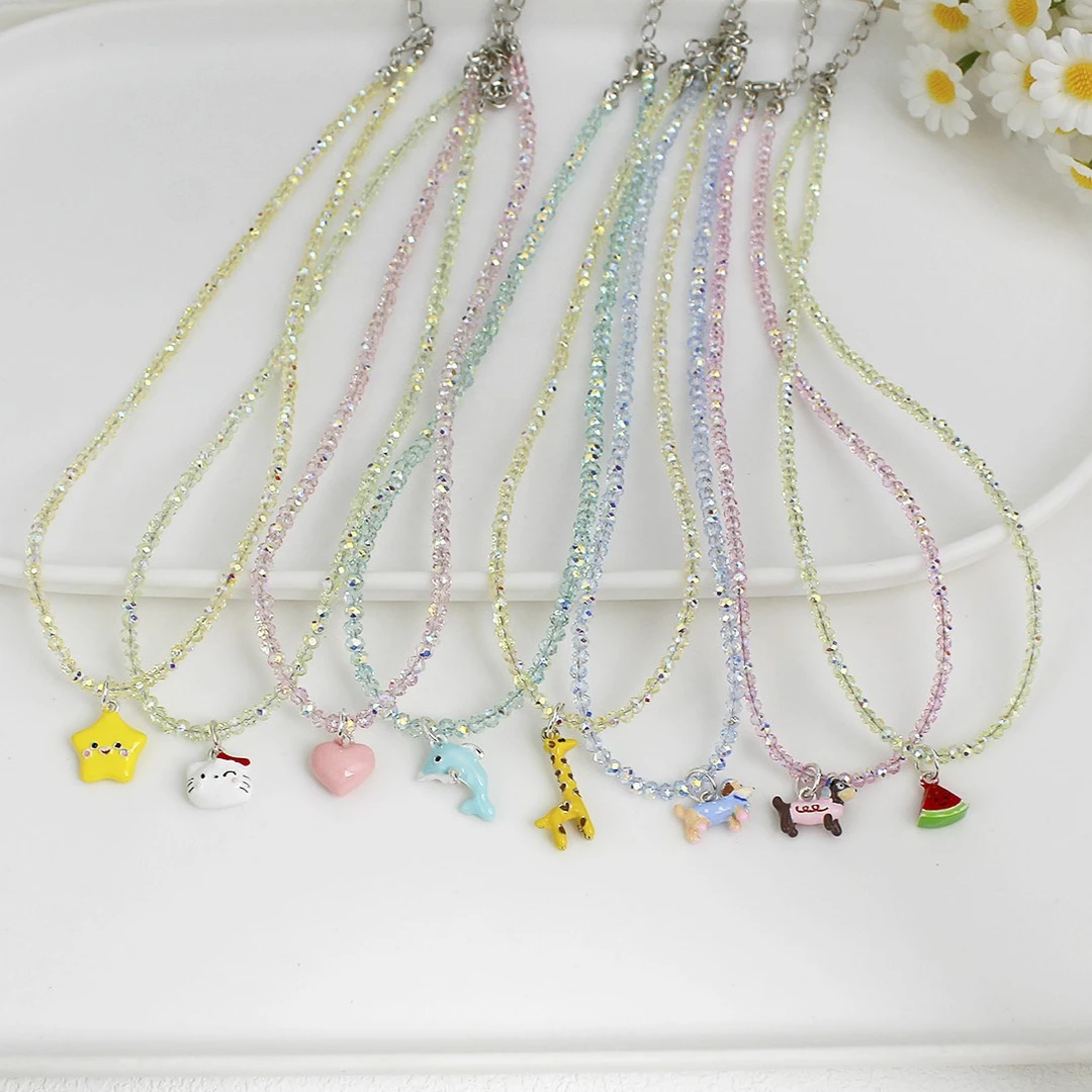 儿童卡通彩色水晶项链合金吊坠颈链锁骨链童装百搭服饰配饰宝首饰