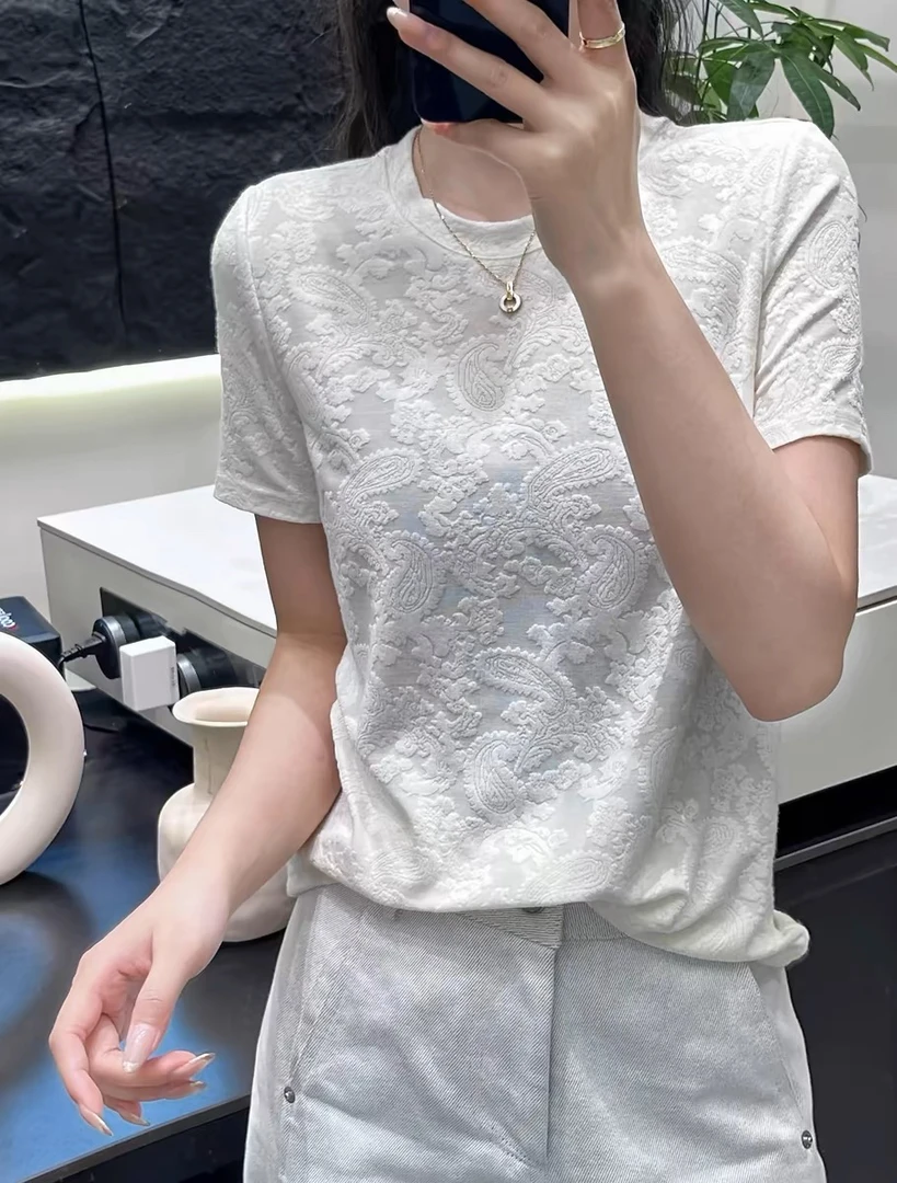 圆领提花常规款镂空钩花T恤宽松t恤休闲时尚夏季