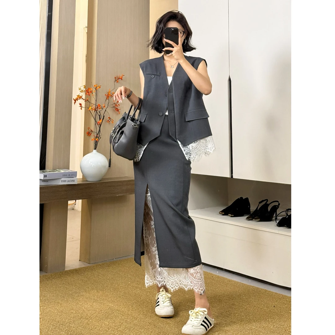 夏季中长款气质开叉高腰半身裙女显瘦蕾丝拼接半身裙SHBZW651654