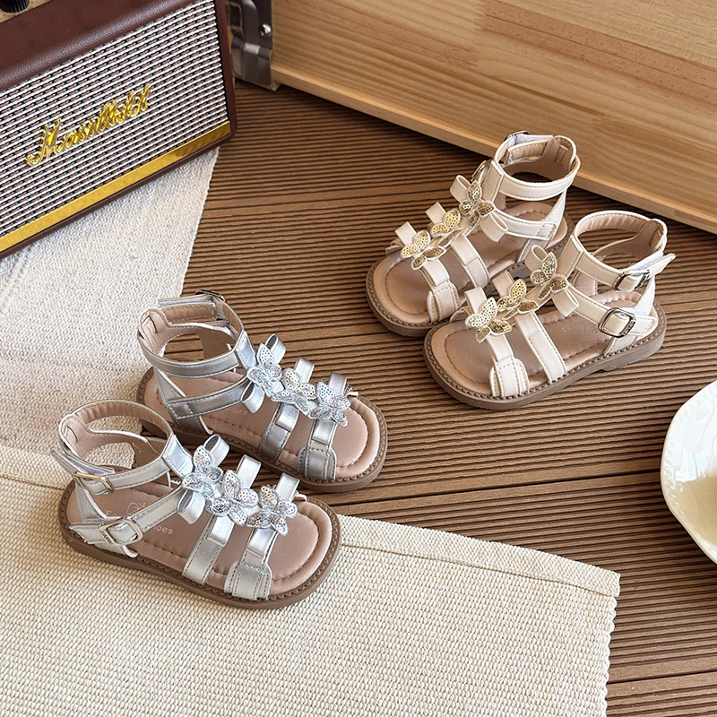 女童凉鞋2025夏季新款儿童蝴蝶结亮片罗马沙滩鞋小女孩百搭公主鞋