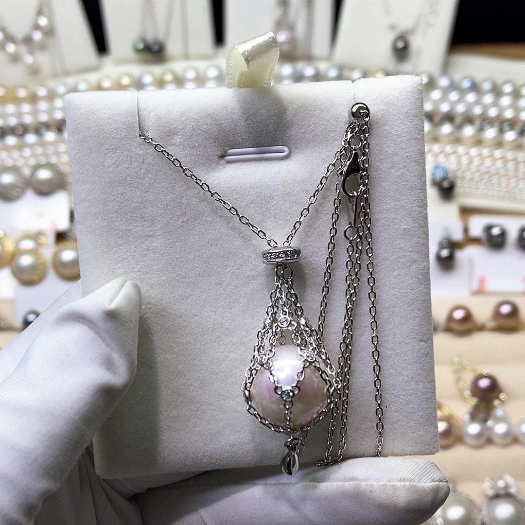 银S925镶嵌淡水珍珠颈饰14-15