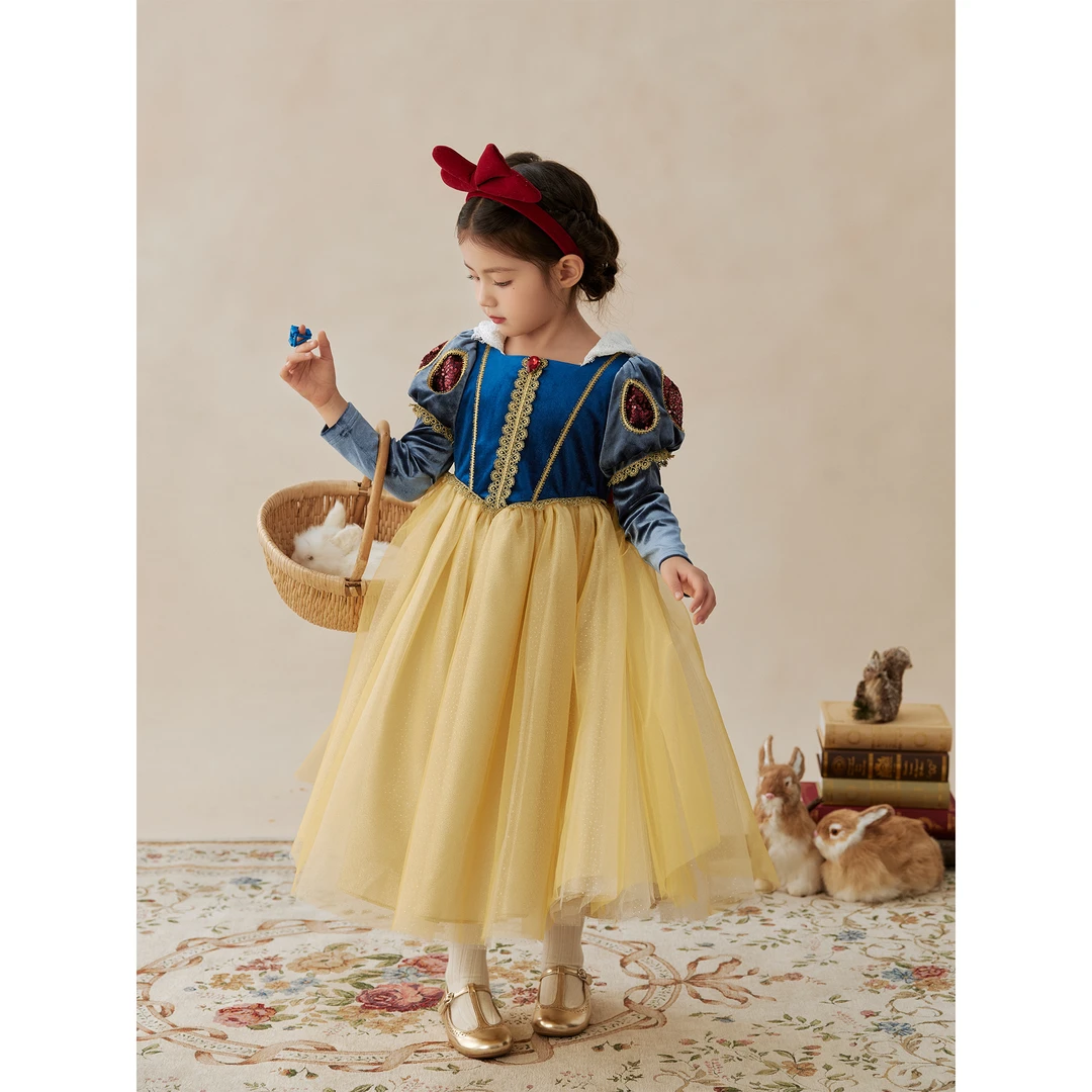 SONNYKIDS 女童重工翻领刺绣白雪公主生日礼服连衣裙秋冬蓬蓬裙子