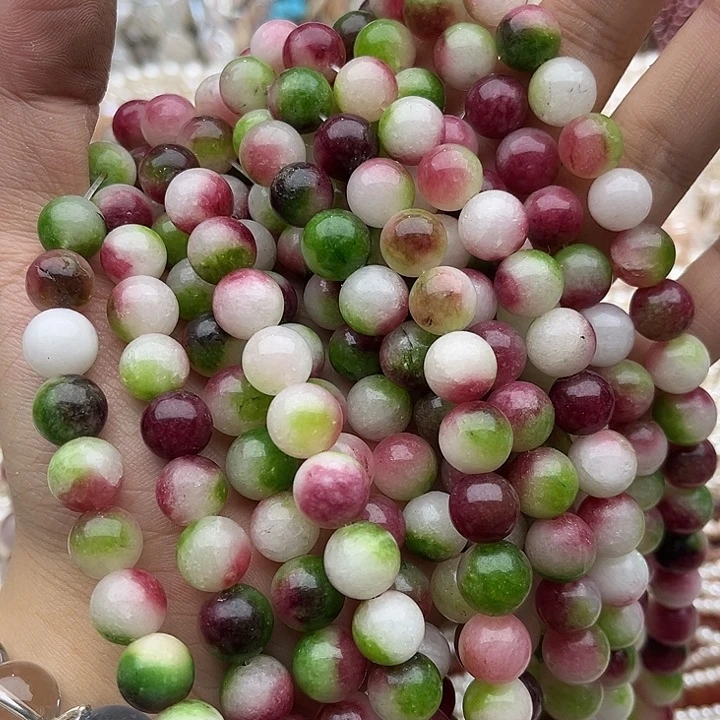 玛瑙/玉髓未镶嵌珠宝半成品2条10mm左右西瓜碧玺几颗有瑕