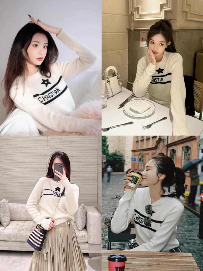 温柔清雅 五角星字母提花软糯亲肤修身气质圆领长袖针织衫23266