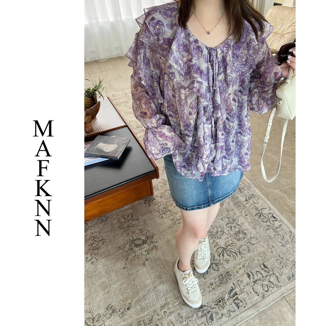 MAFKNN/玛肯时尚休闲简约百搭夏季碎花长袖小衫上衣MK12670