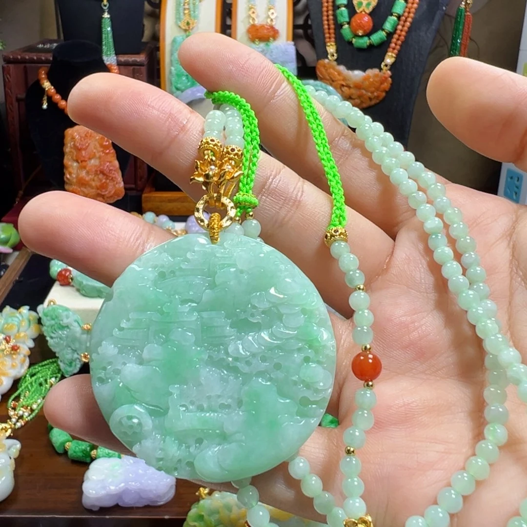 翡翠未镶嵌毛衣链冰绿山水