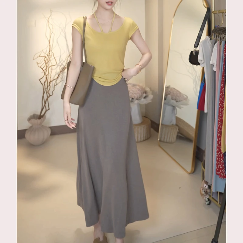 2025春夏新款设计感抽绳上衣+显瘦中长半身裙LK2503681