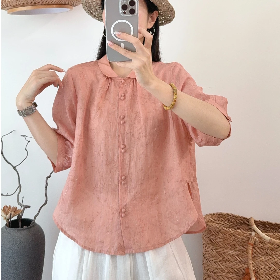 2025夏季新文艺苎麻中袖薄款衬衫女士休闲宽松娃娃领气质百搭上衣