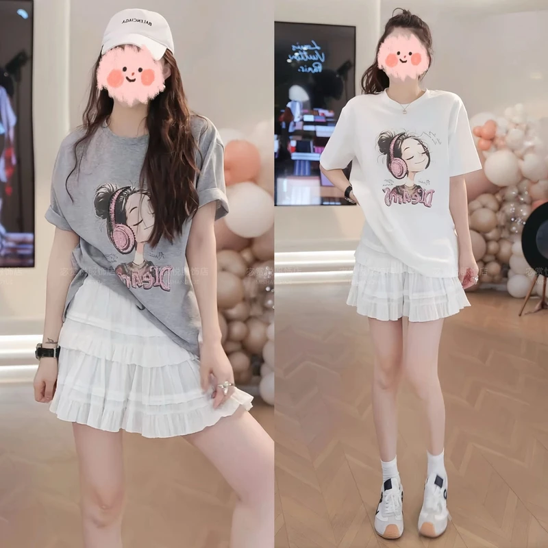 洋气衣服女夏季韩版卡通印花蕾丝镂空短袖T百搭蛋糕裙裤气质套装