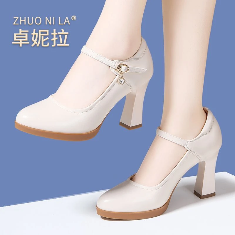 真皮一字高跟走秀旗袍单鞋高跟鞋高跟鞋女2025爆款洋气粗跟白色