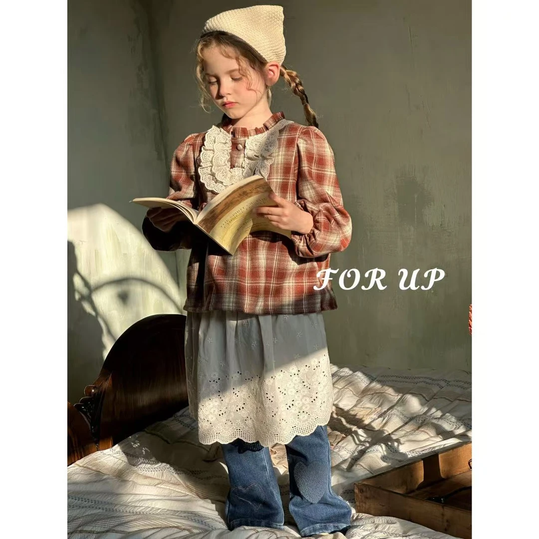 [FOR UP]法式冬季加厚艾琳花边格纹娃娃衫244-FU-69853焦糖红