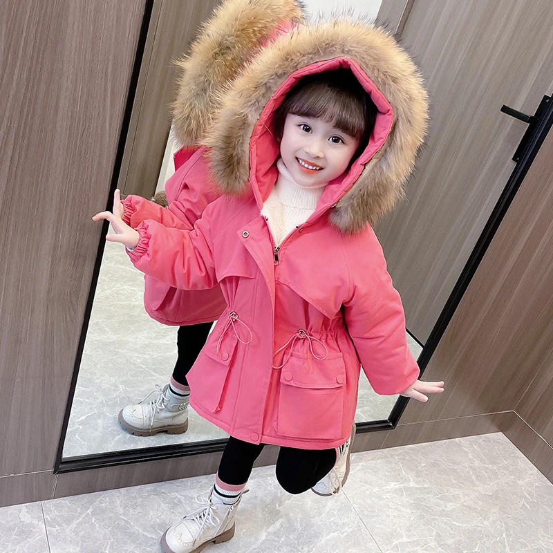 女童派克服棉服外套新款冬季毛领时髦洋气儿童加厚加绒棉衣