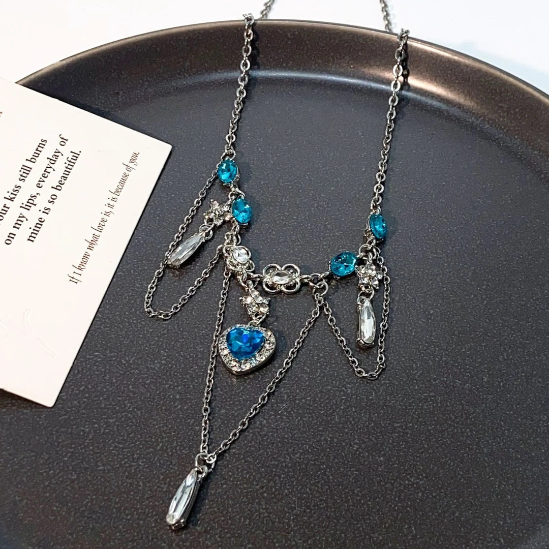 合金锆石项链 【涟漪之心】蓝锆爱心夏日海边项链链条流苏吊坠百搭