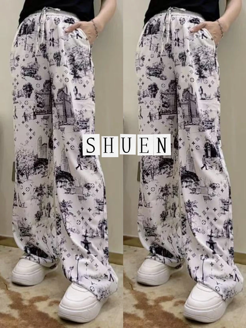 【述恩推荐】2025夏季新款高腰时尚休闲印花老钱风垂感直筒阔腿裤