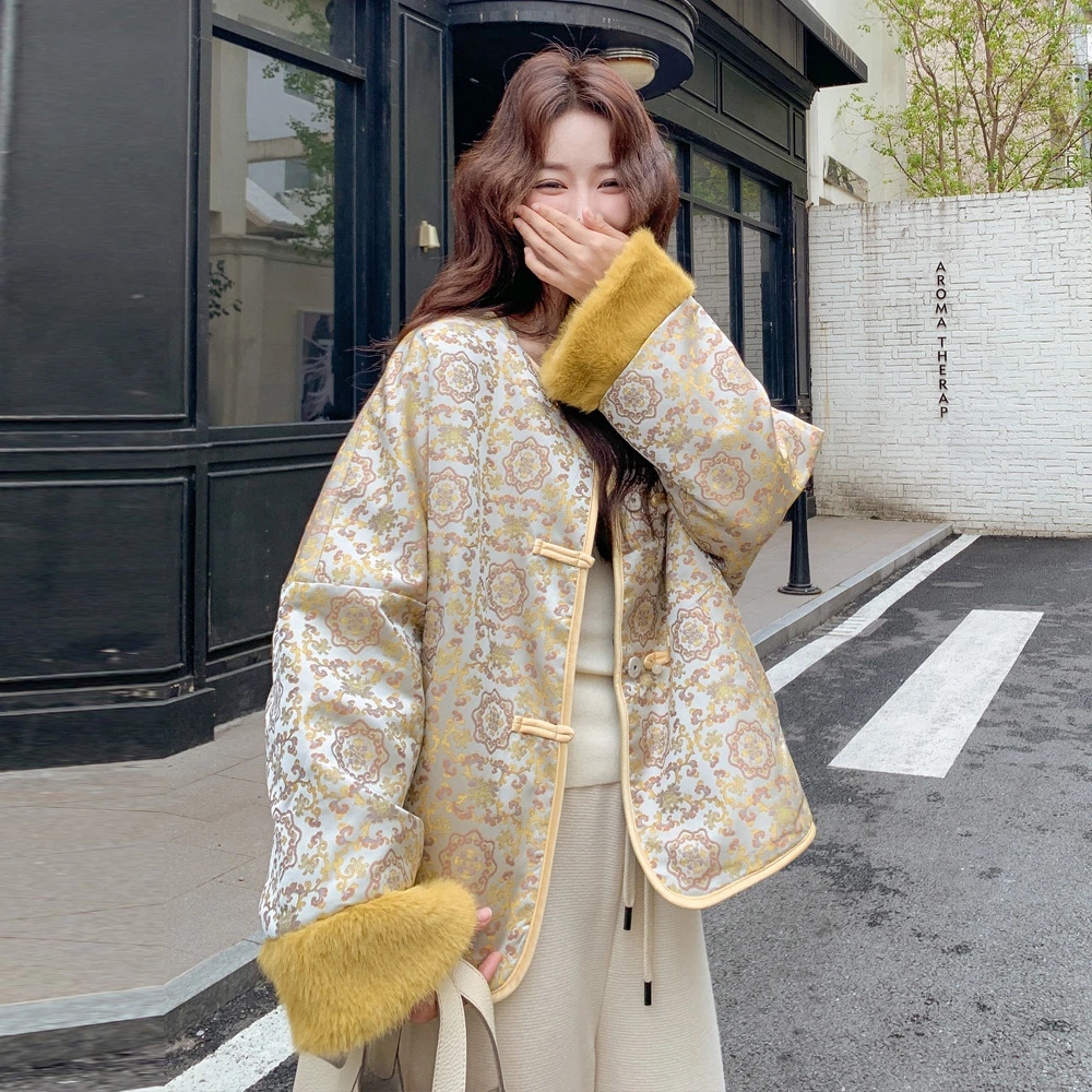 新中式国风两面穿印花加绒外套女2025冬季外套小个子温柔撞色棉服