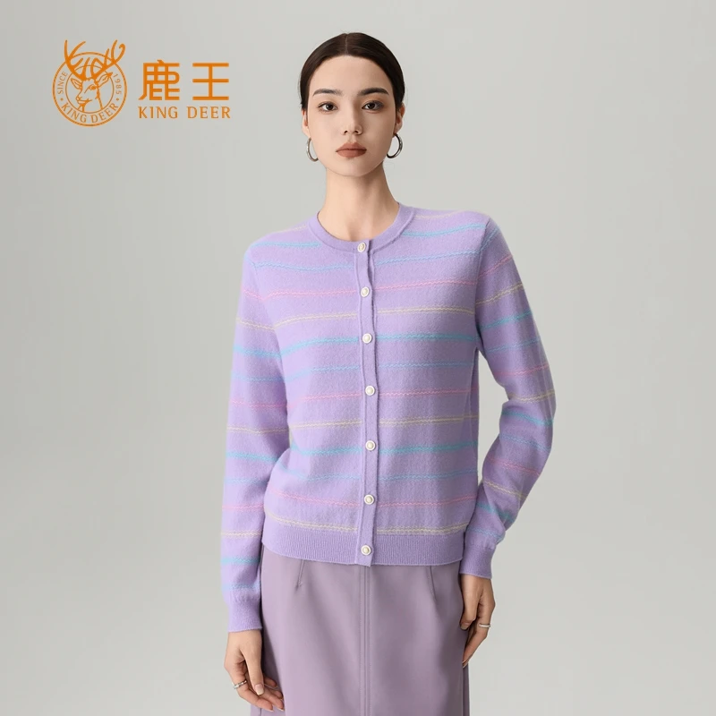 鹿王25秋冬新款女圆领100山羊绒时尚休闲条纹针织开衫 5J9350