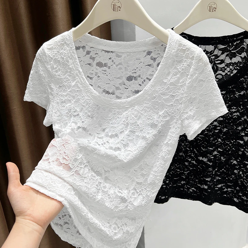 纯欲白色露锁骨大领口短袖网纱镂空T恤蕾丝衫女夏季新款修身上衣