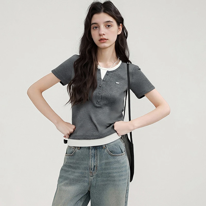 原水2025夏季新款灰色短袖T恤女正肩撞色拼接假两件上衣25YS00059