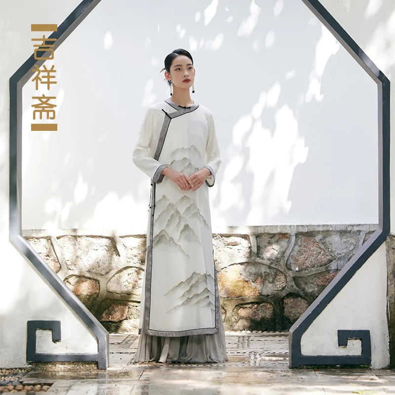 吉祥斋古风白色中长款中式传统玄山境长衫中国风复古231202052