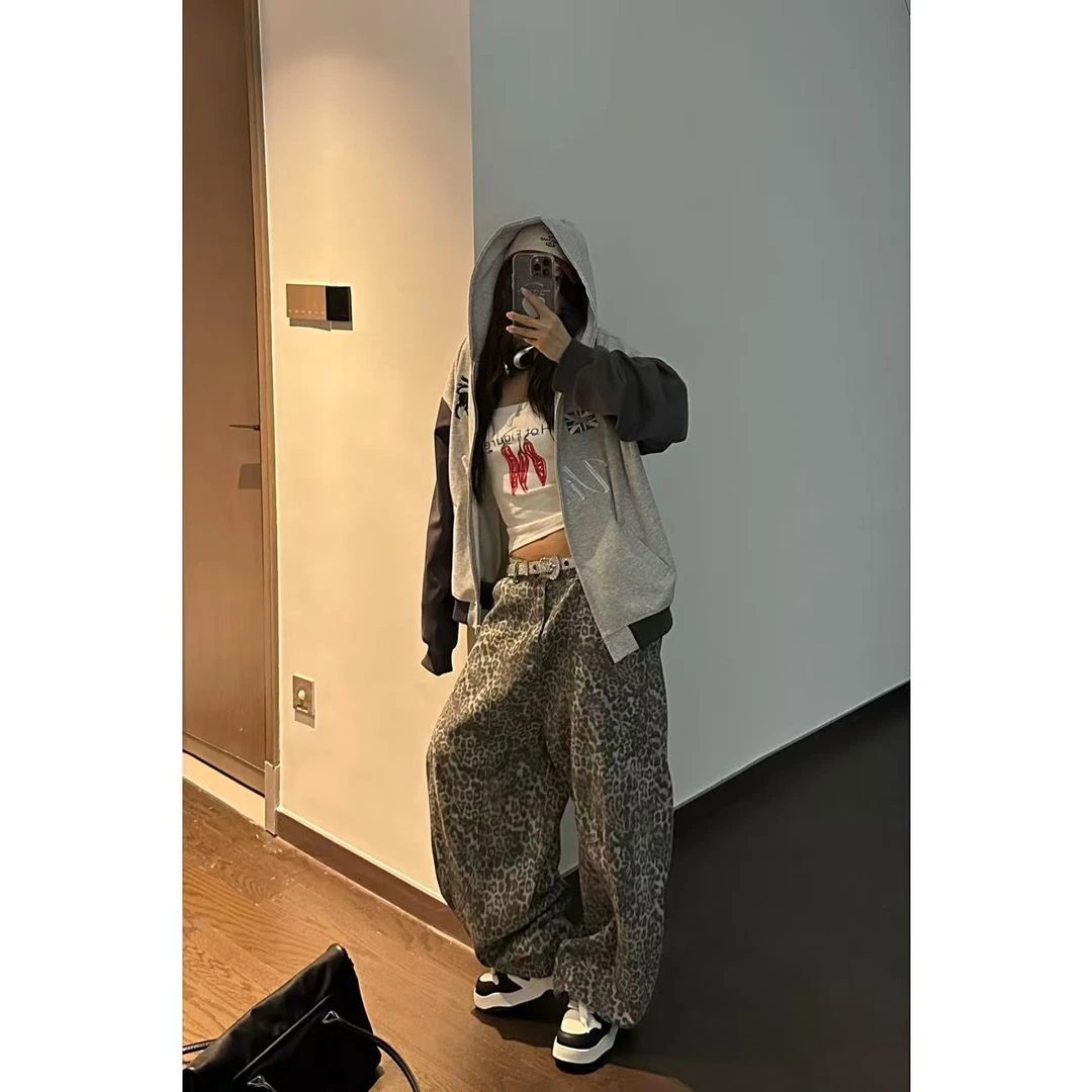 男女同款豹纹休闲裤男女潮牌宽松直筒阔腿工装裤子情侣运动裤弯刀