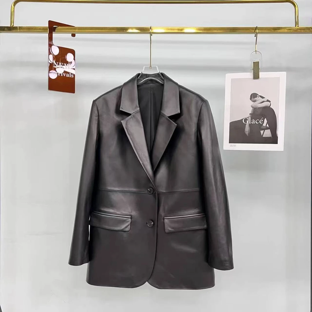 海宁真皮头层绵羊皮女简约时尚西服皮衣-83008