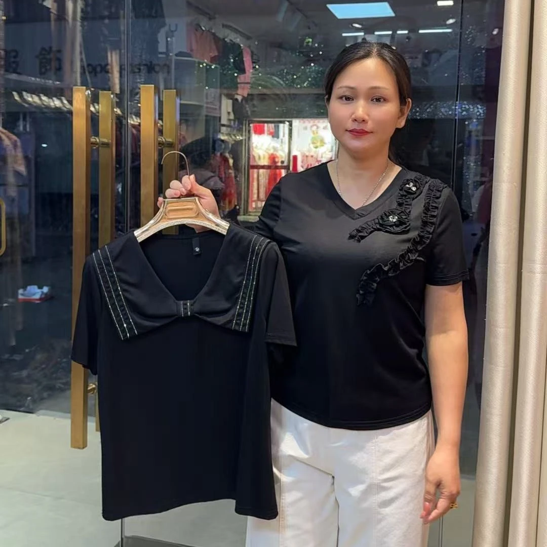 短袖修身型显瘦拼接黑色T恤时尚螺纹吸汗ol斜领套装