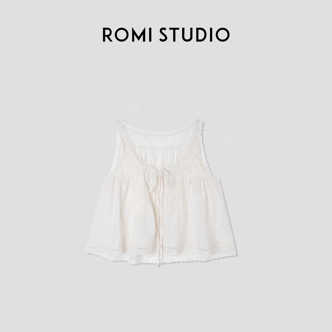 ROMI STUDIO-B”南法风情“80s100%长绒棉砂洗蕾丝拼接背心421B5014