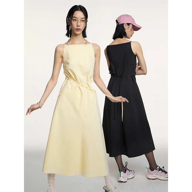 popchrio一字露肩宽松无袖连衣裙小吊带背心裙A字黑色长裙女