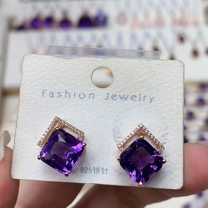 紫晶耳钉银S925镶嵌紫水晶耳钉