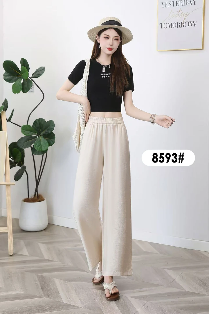 8593夏季薄款高腰垂感冰丝宽松直筒阔腿裤女百搭休闲裤