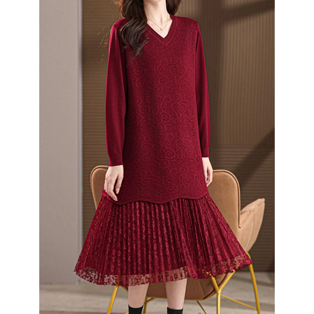 皮尔卡丹胖人200斤长款过膝针织连衣裙秋冬羊毛衫宽松拼接遮肚子