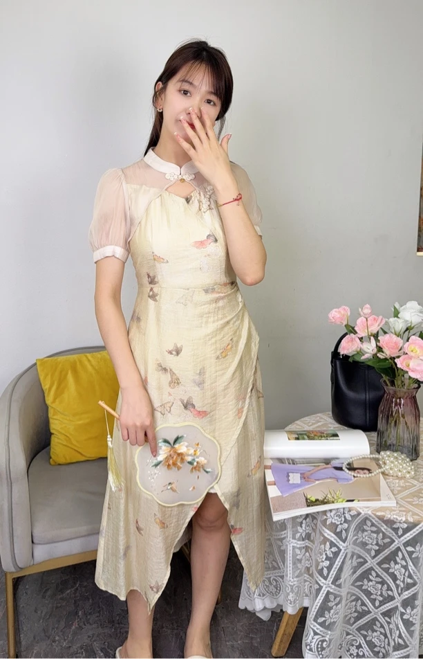 586158新款夏季新中式盘扣设计蝴蝶印花中长款假两件连衣裙