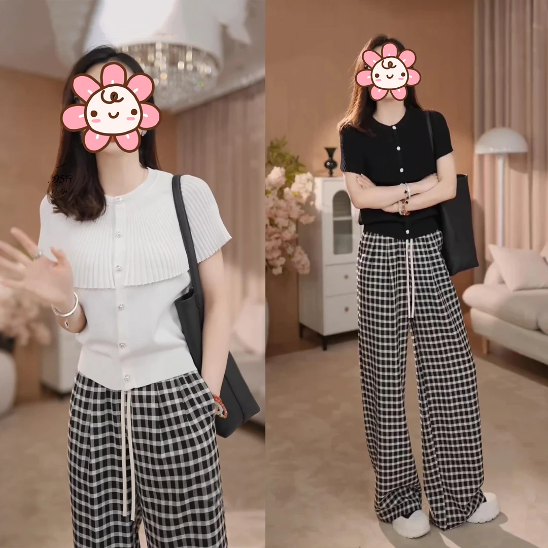 洋气套装衣服女2025夏季新款轻奢假两件斗篷式针织开衫格纹阔腿裤