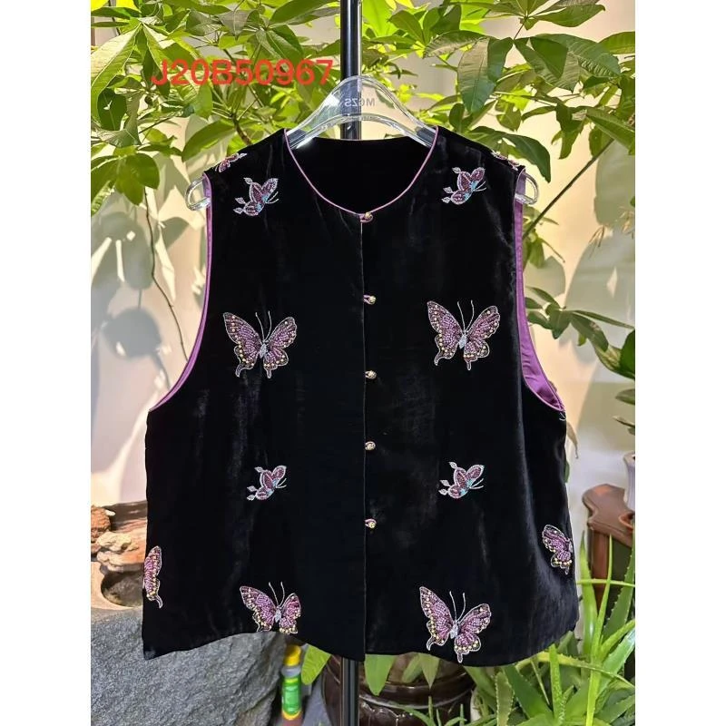 【露清爱生活】J20B50967国风新中式真丝丝绒马甲