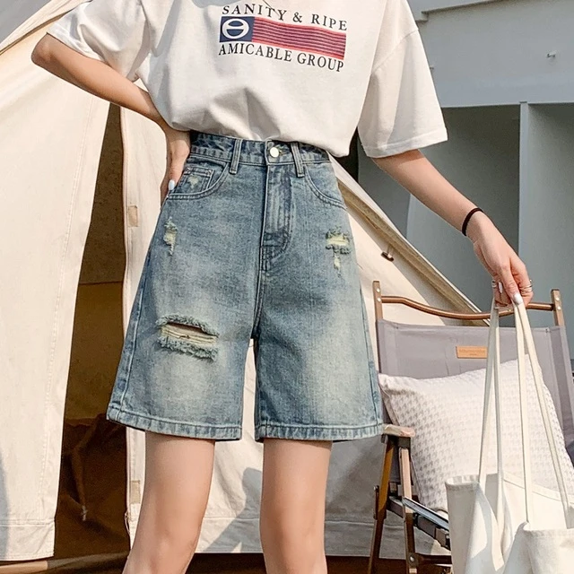 破洞牛仔短裤女2025年春夏季薄款新款高腰显瘦宽松中裤直筒五分裤