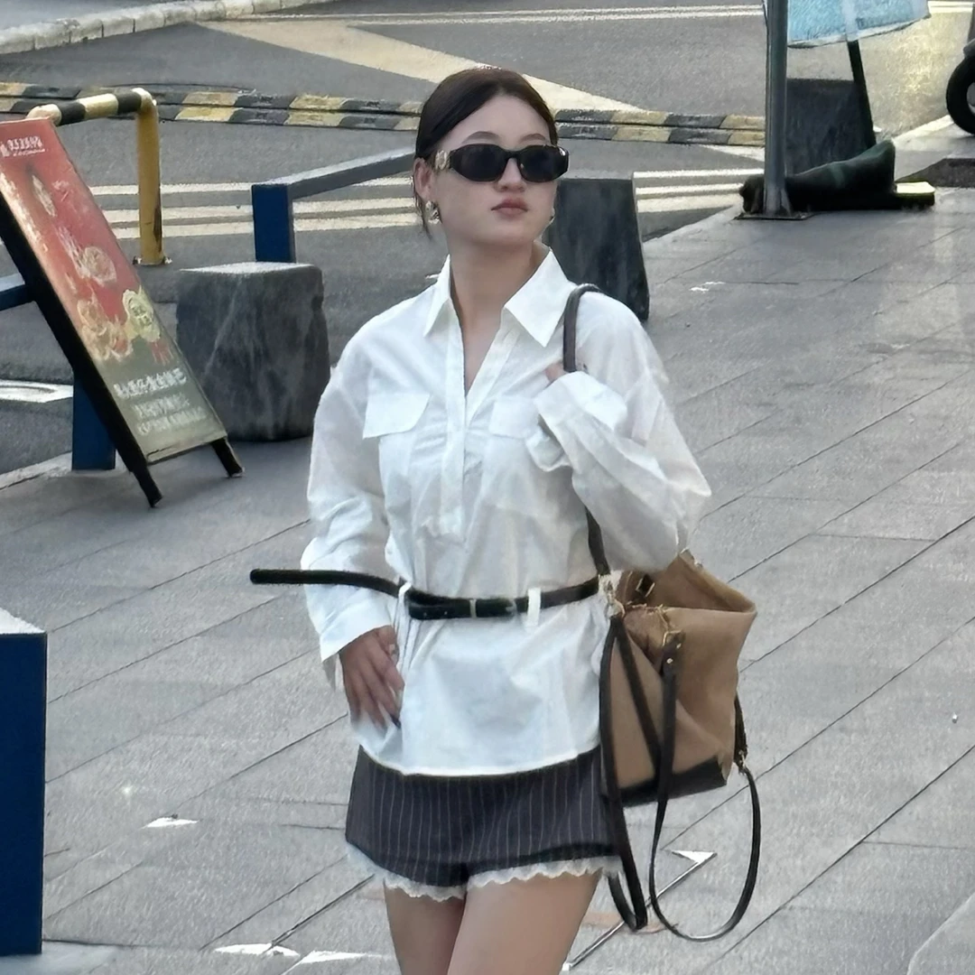 秋季不扎肤polo领收腰衬衫配腰带