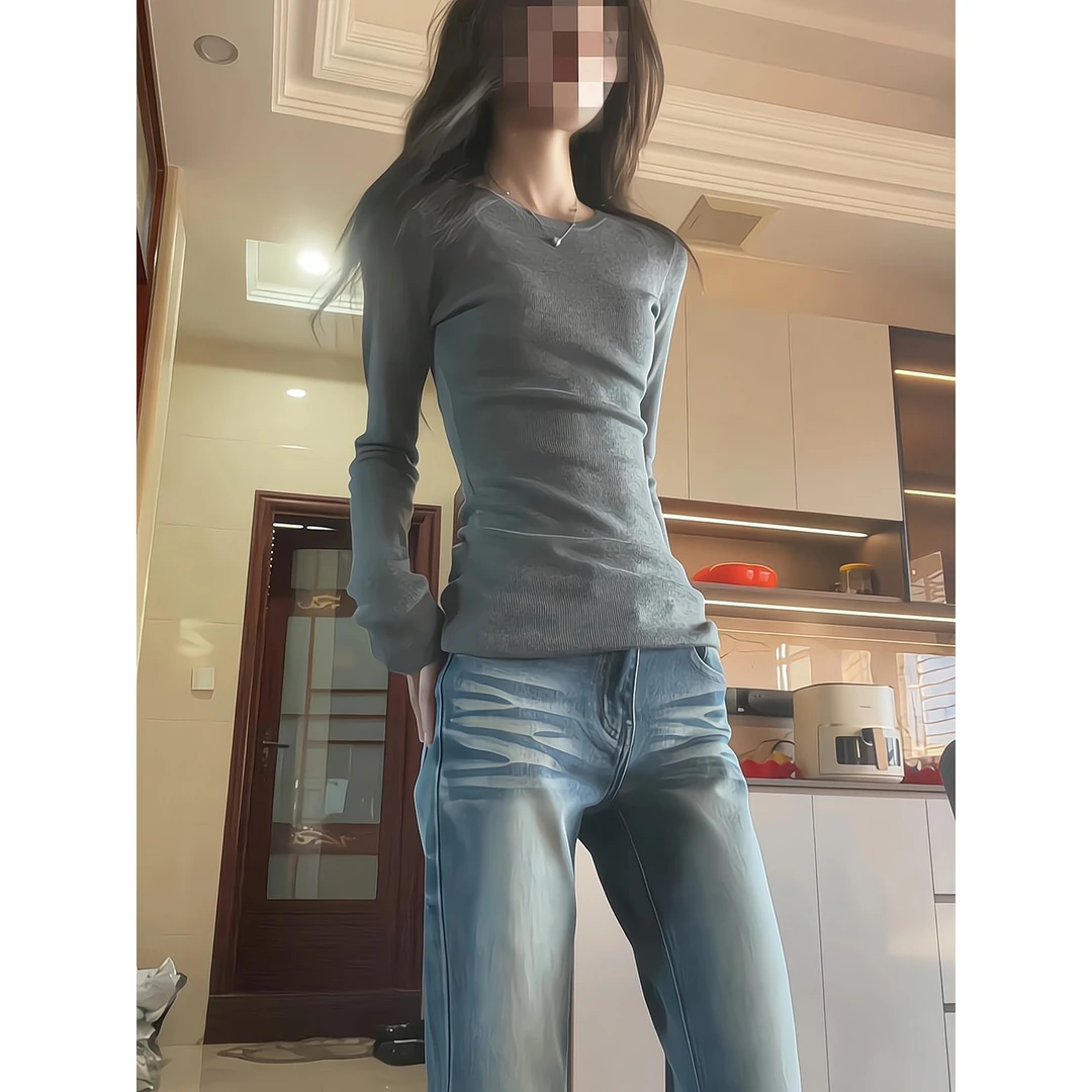 韩系灰色圆领长袖修身针织上衣百搭气质打底衫牛仔裤阔腿微喇裤子