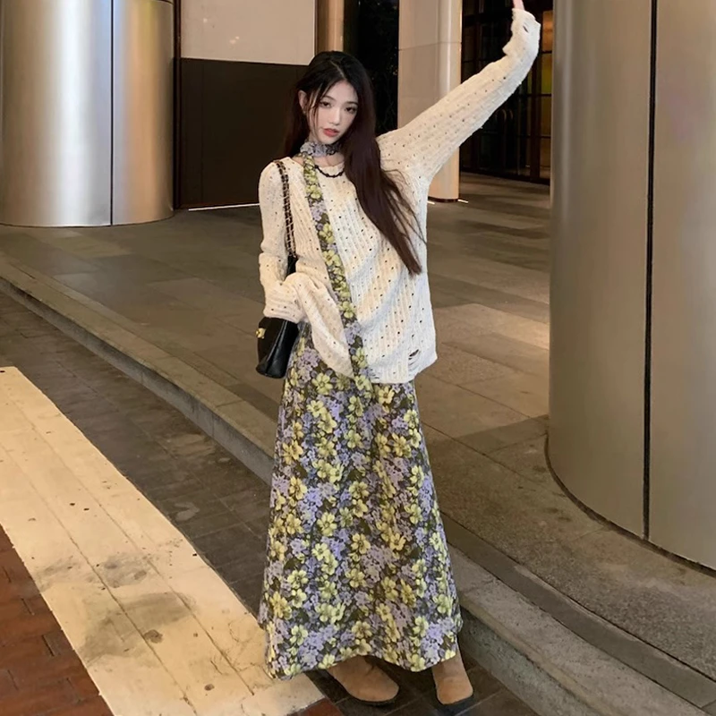 F975早春穿搭一整套薄款针织衫碎花裙子女款爆款2025新款高级感