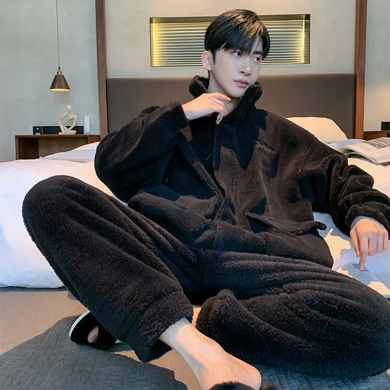 新款加绒加厚冬季男士睡衣翻领珊瑚绒大码防寒保暖冬天男款家居服