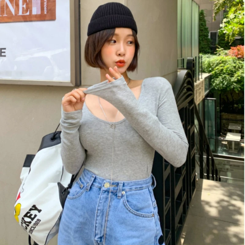 有货Korea洋气百搭弹力打底修身显瘦内搭长袖T恤上衣~前后两穿