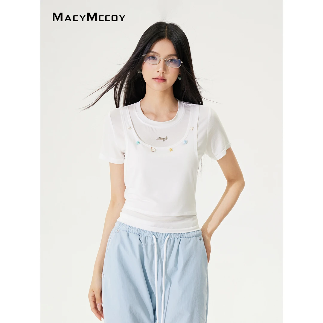 MacyMccoy假两件凉感系带T恤女夏季设计感亲肤透气正肩短袖上衣