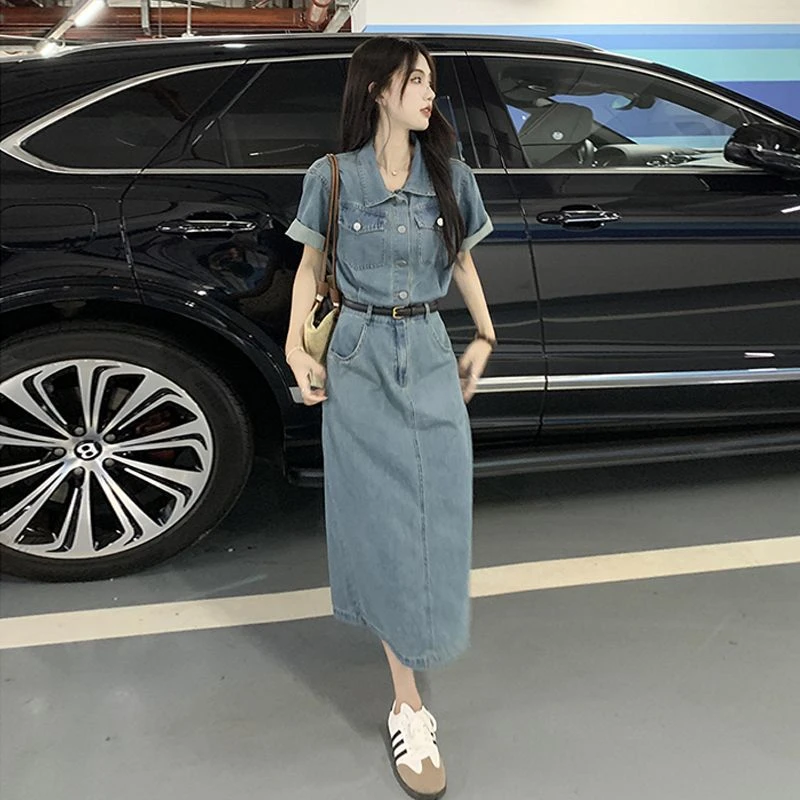 复古百搭连衣裙女夏2025新款收腰显瘦polo领中长款开叉短袖小众裙