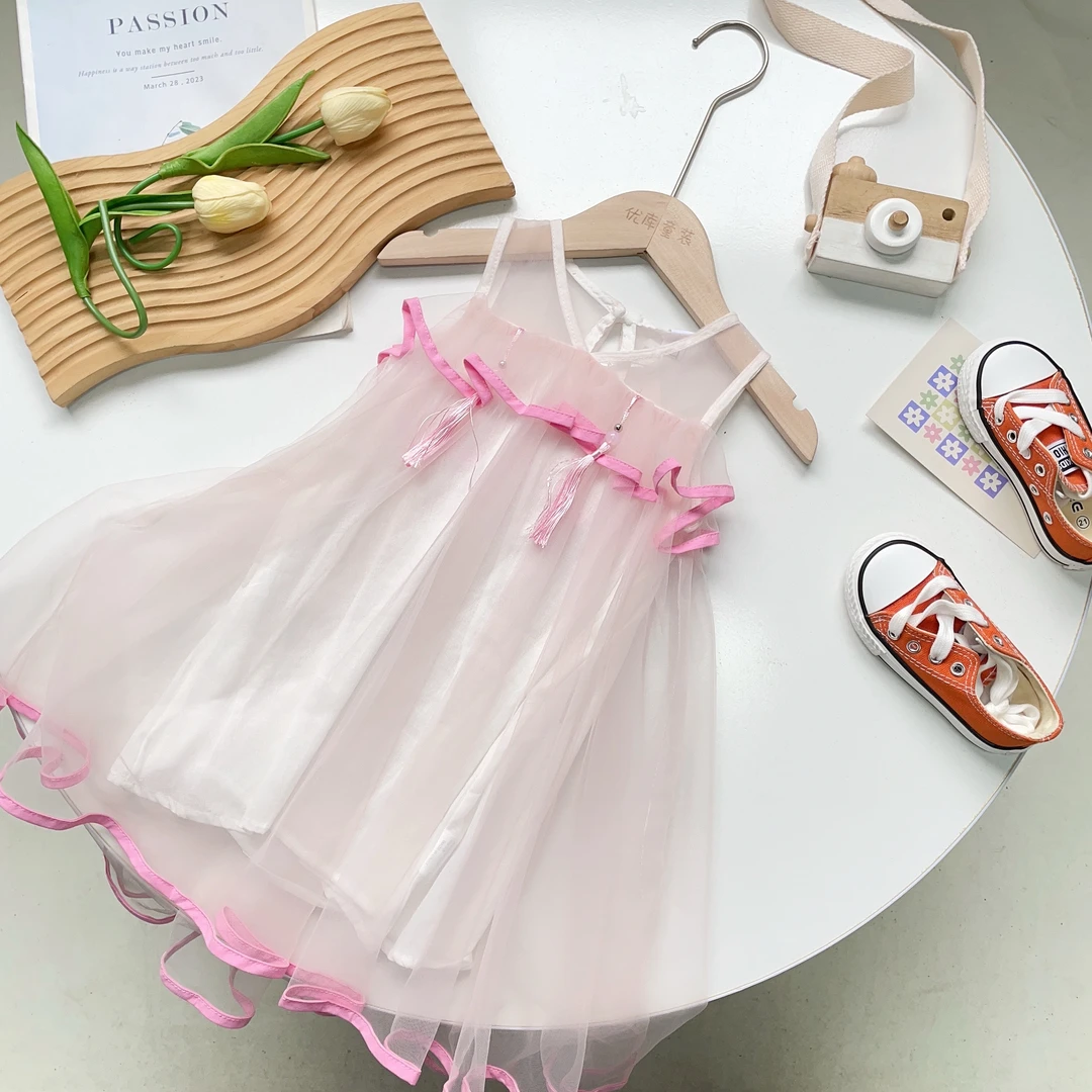 N6348女童夏季时尚清新百搭气质流苏吊坠网纱连衣裙A2400