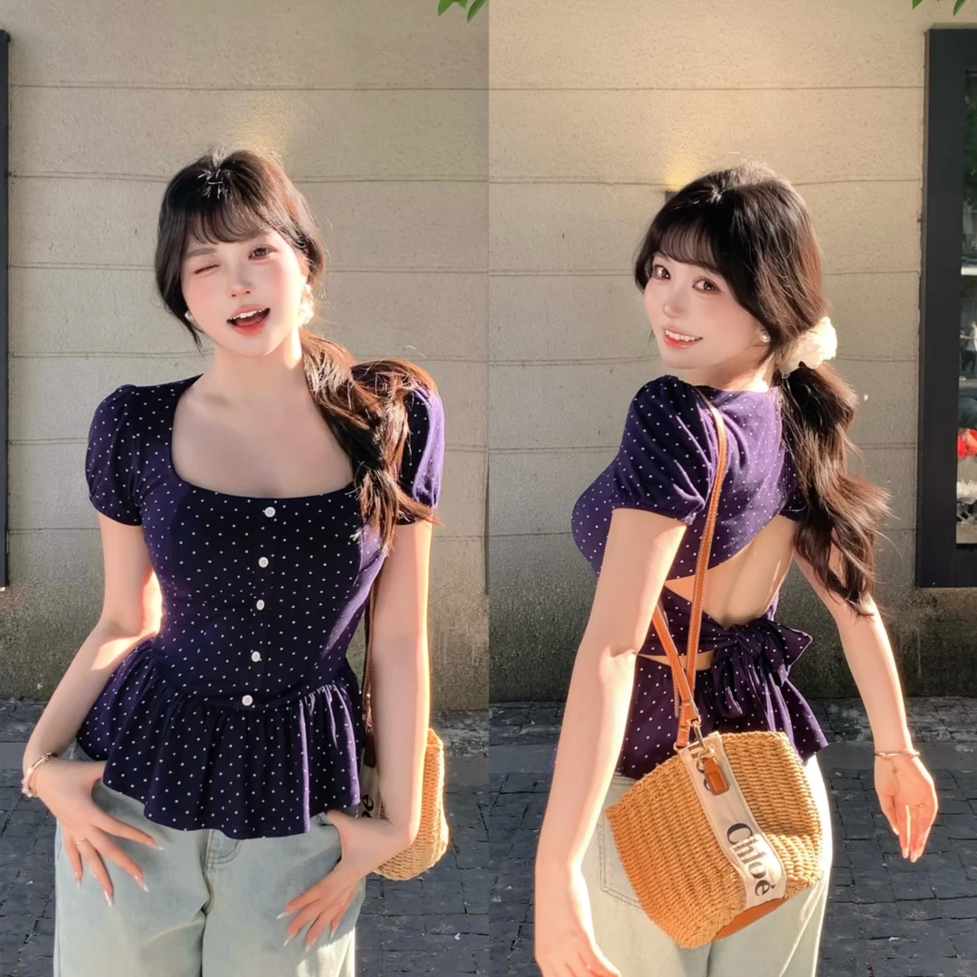 MengFairy清清【韩漫欧尼】经典波点方领带胸垫露背短袖上衣 4795