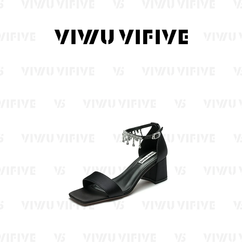 V5「匿光」2025新款爆款水钻链条脚腕带明星同款真丝外穿粗跟凉鞋女
